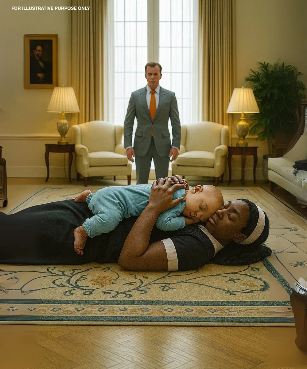 black maid was sleeping on the floor with the baby